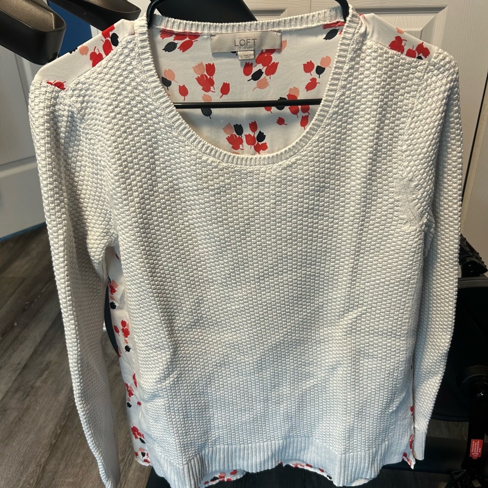 LOFT Cream Sweater with Pink and Red Floral Design